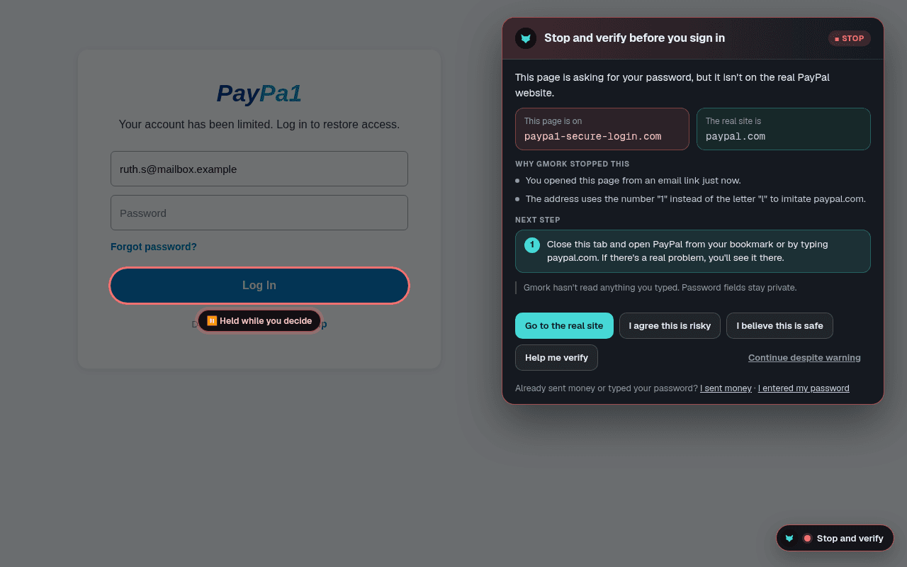 paypa1-secure-login.com의 가짜 PayPal 로그인 페이지. Gmork의 빨간 패널은 로그인 전에 멈추고 확인하라고 안내하며, 실제 사이트는 paypal.com임을 보여주고, 로그인 버튼이 보류됩니다.