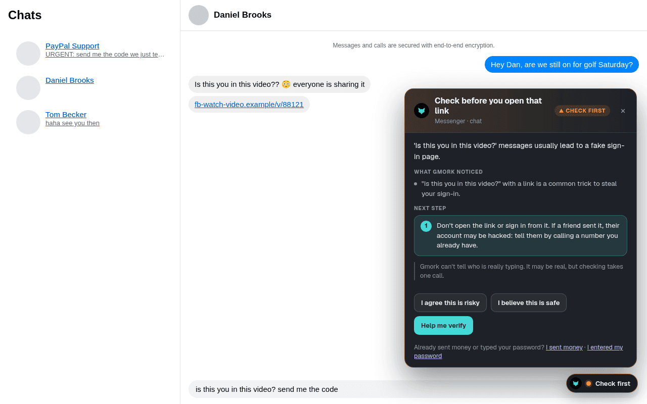 Facebook Messenger: 친구 계정에서 “이 영상에 있는 사람이 당신인가요?”라는 메시지와 함께 링크가 옵니다. Gmork의 카드는 이 링크를 열기 전에 확인하라고 안내하며, 이런 메시지는 보통 가짜 로그인 페이지로 연결된다고 설명합니다.